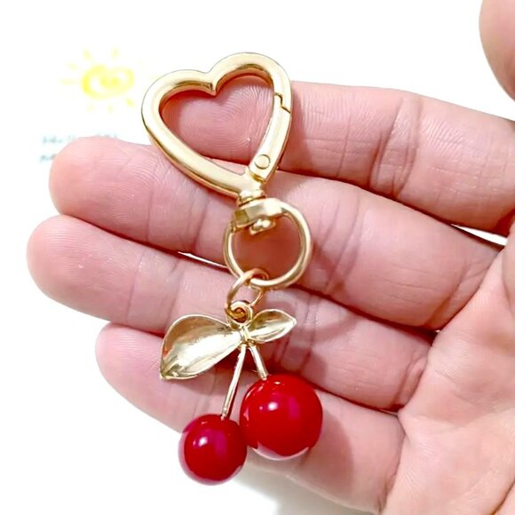 Cherry Bag Charm Sexy Sweet Bomb Purse Keychain Fruit Red Backpack Heart Gold - Picture 3 of 4